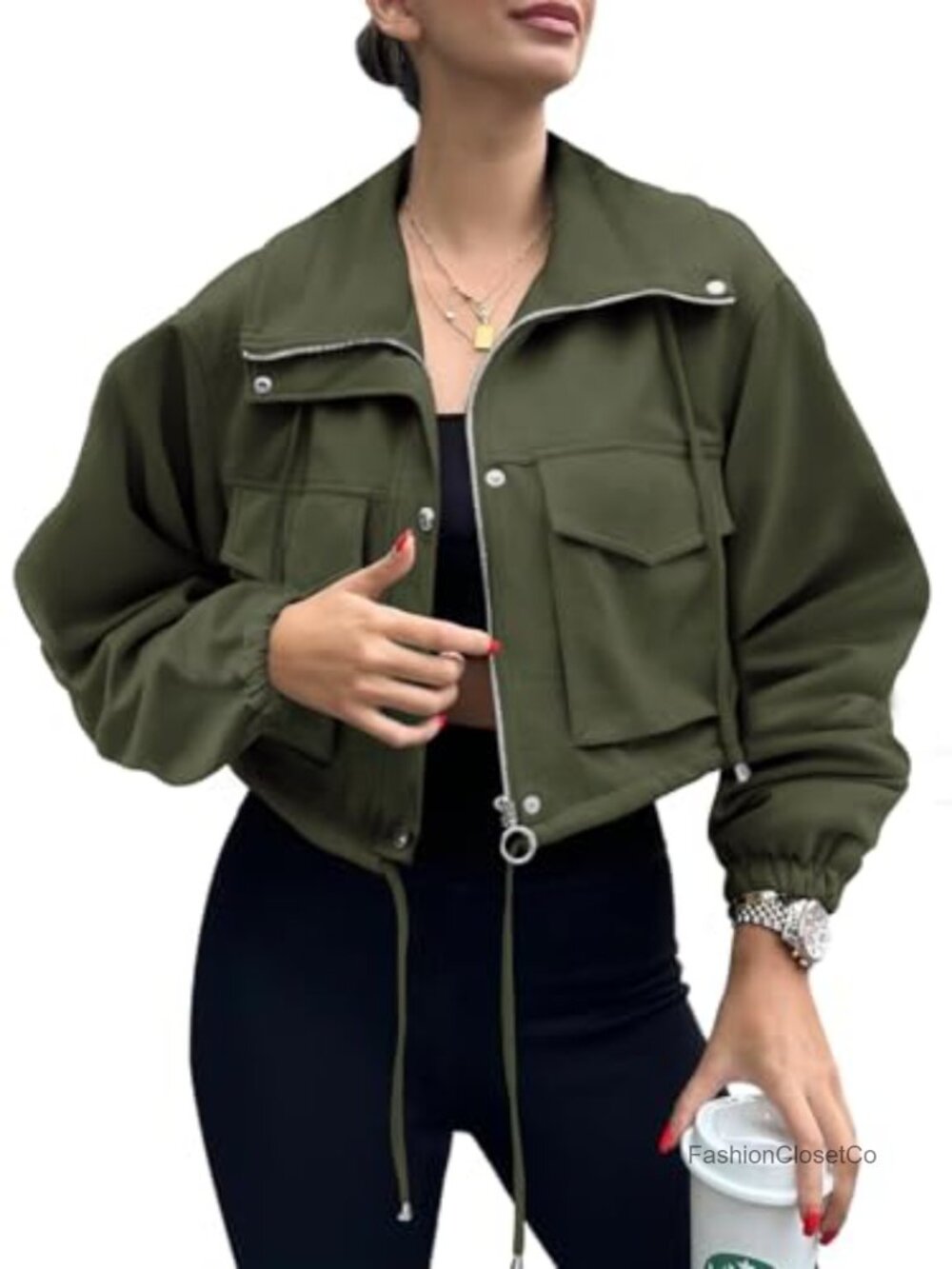 Womens Cropped Faux Suede Zip Up Oversized Anorak Jacket with Pockets